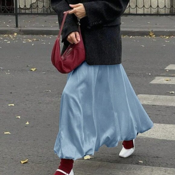 Dusty Blue Casual Women's Long Low Waist Flowy Elegant Skirt - Picture 8 of 11